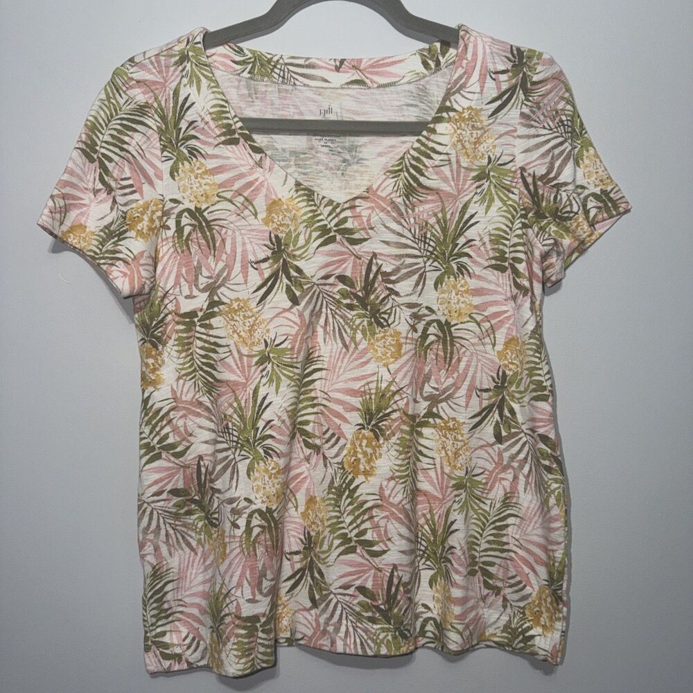 J. Jill XS Petite Pima Cotton Slub Knit Tee Pineapple Palm Green Beach Tropical
